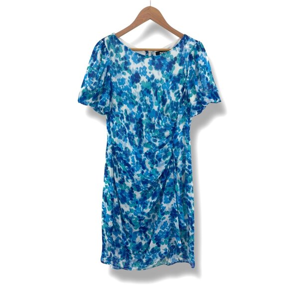 DKNY Blue Green‎ Watercolor Print Chiffon Dress Size 12 Short Bubble Sleeves - Picture 4 of 9